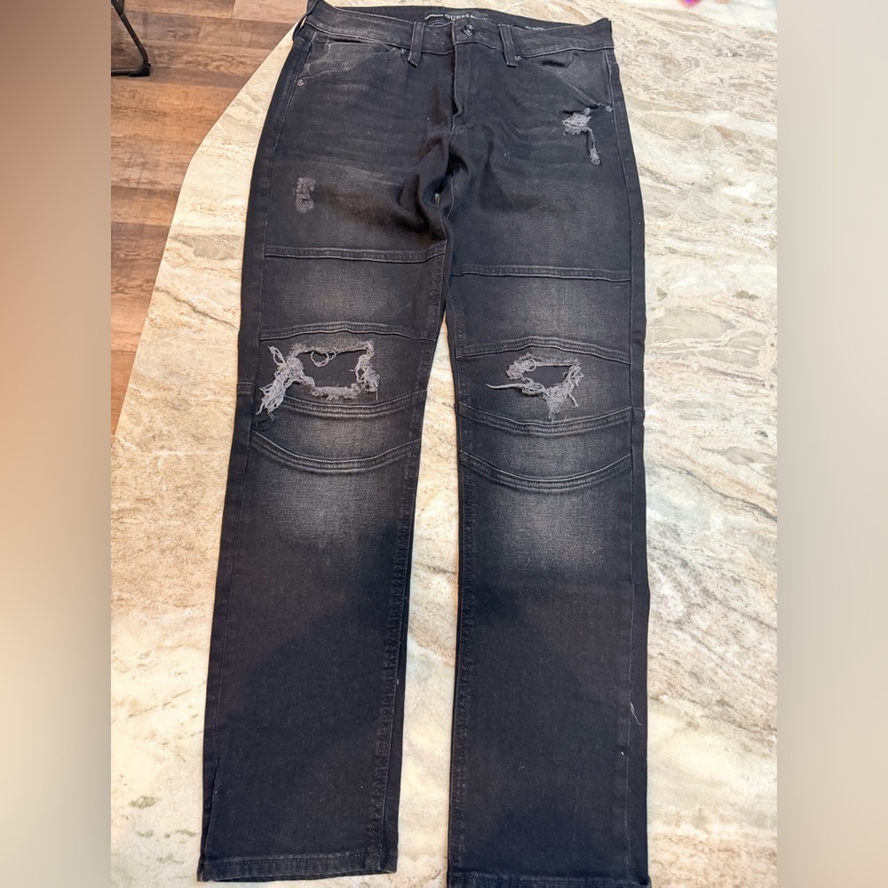 GUESS Men’s Slim Tapered Black Jeans 31x30 Distressed Stretch Denim